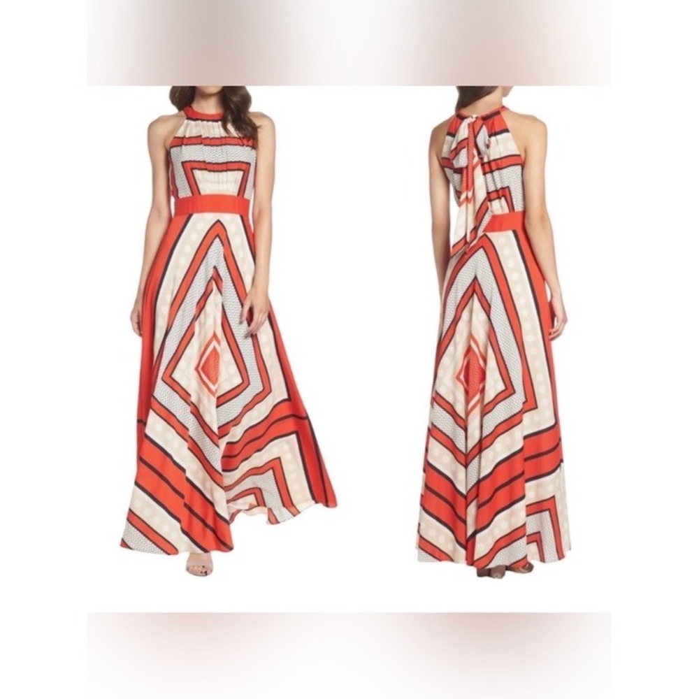 Eliza J Womens Scarf Crepe de Chine Halter Maxi Dress Size 6 Red Cream Summer
